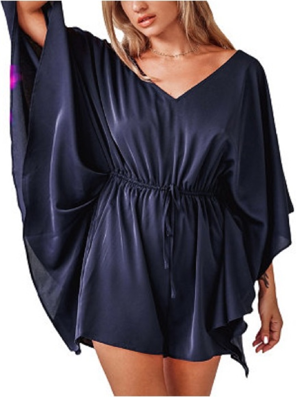 Cupshe Space Blue Kimono Sleeve Romper Flowy Boho Cover-UP